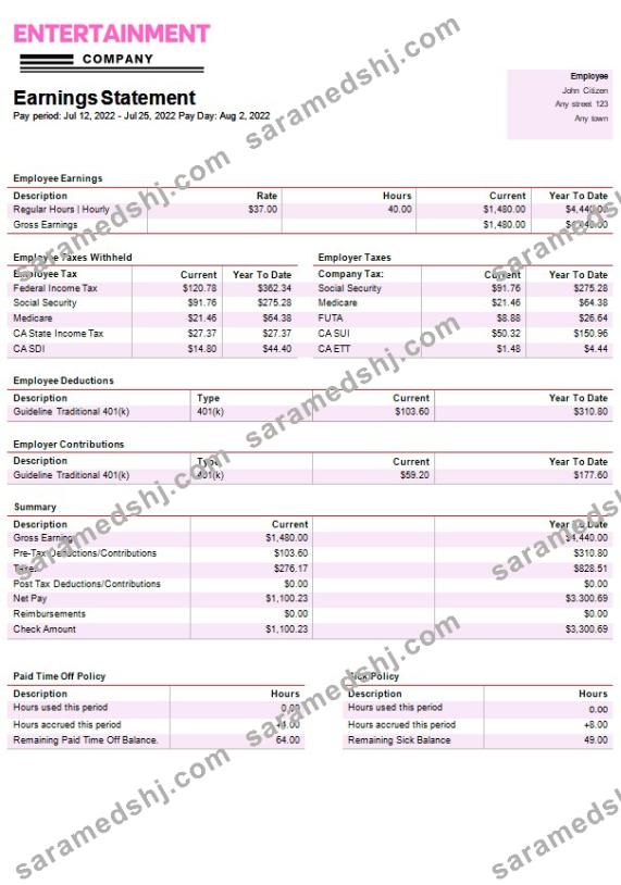 Entertainment company paystub template in Word and PDF formats